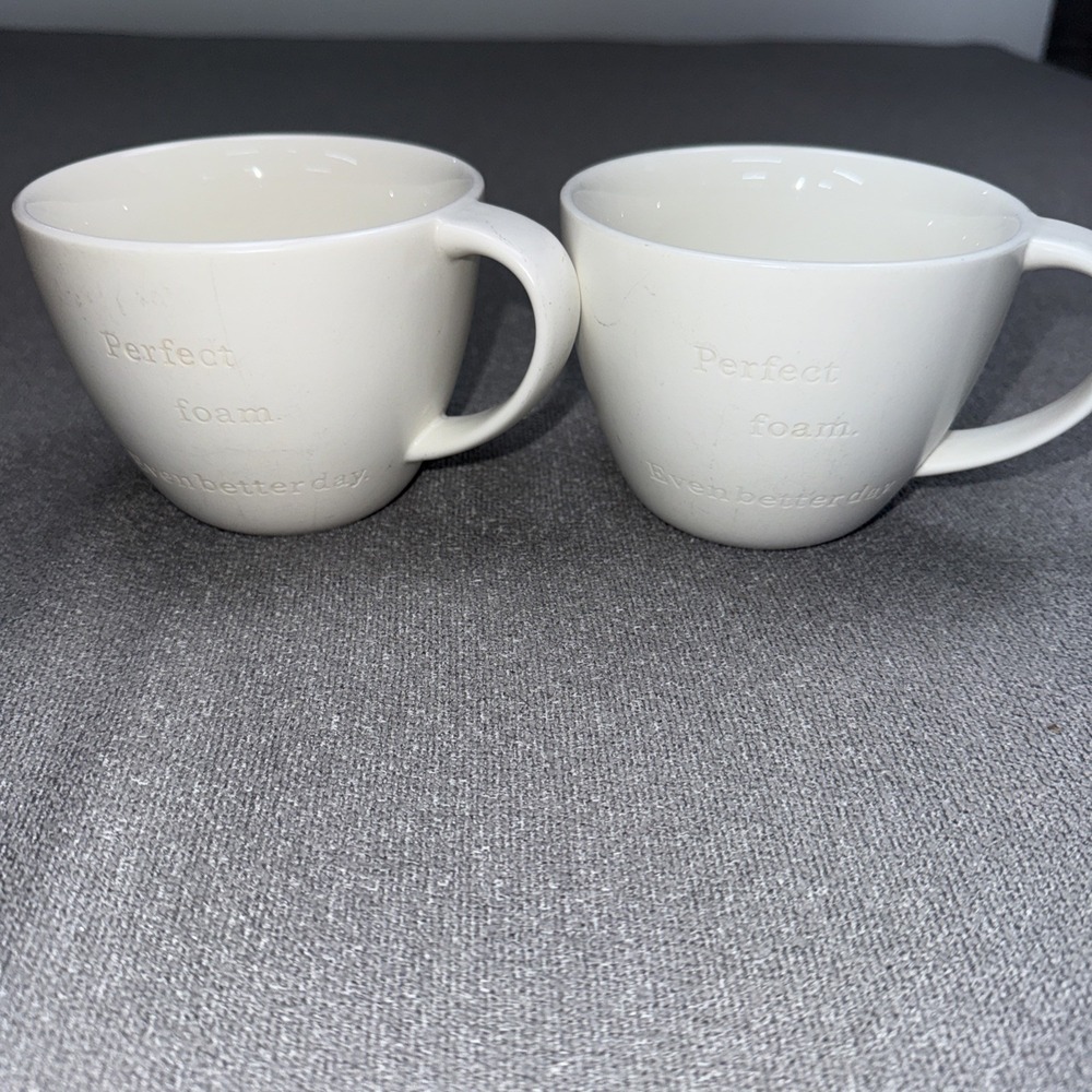 Lot Of 2 Starbucks 2013 12oz Coffee Mugs "Perfect Foam. Even Better Day." White